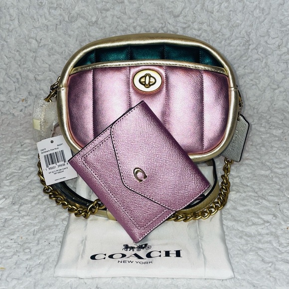New Coach Metallic Quilted leather Colorblock Camera Bag and Wallet Set in Pink